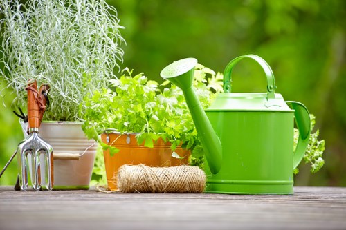 A tidy outdoor garden workspace in a back garden, featuring a weathered wooden surface with various gardening tools and supplies arranged along it. On the left, a small hand trowel with a metal blade and wooden handle leans against a white container, while a terracotta pot filled with lush, green herb plants, possibly mint or parsley, sits nearby. Next to it, a coiled jute twine spool rests on the wooden surface. Dominating the right side is a bright green plastic watering can with a large spout, positioned next to a matching green watering attachment, both set against a background of blurred, green leafy foliage that indicates a well-maintained garden environment. The scene suggests an active gardening setup suitable for small-scale planting and garden maintenance, typical of a residential garden in Shoreditch, London, with natural light illuminating the scene on a clear day, emphasizing the freshness of the greenery and the practicality of the tools used by Landscapers Shoreditch for gardening services.