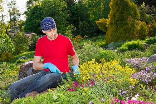 A man dressed in a red T-shirt, blue gardening gloves, and a blue patterned head covering is sitting on a low stone wall in a well-maintained garden in Shoreditch, with lush green trees and bushes in the background. The garden features a variety of vibrant flowering plants, including yellow, purple, and pink blooms, arranged in dense flower beds. The foreground showcases a mix of flowering shrubs and ground cover plants, with some plants taller and others forming low clusters along the border. The neatly trimmed lawn and the healthy appearance of the plants indicate regular care, and the scene is set during daytime with bright natural light, suggesting fair weather. This organized outdoor space reflects professional landscaping, typical of the services offered by Landscapers Shoreditch, with a focus on creating an inviting, colourful garden environment in an urban setting near Shoreditch, London.