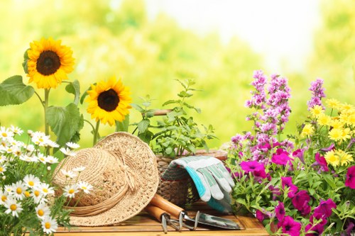 The image depicts a vibrant garden scene with a wooden outdoor table surrounded by various blooming flowers including sunflowers, pink and purple petunias, and white daisies, all set against a blurred green background suggesting lush foliage. On the table, garden tools such as a pair of pruning shears, a small hand trowel, and gardening gloves are neatly arranged, indicating recent planting or maintenance activities. Additionally, a straw hat rests on the table, providing shade for outdoor gardening during warm weather. The garden's arrangement showcases a well-maintained, colorful flowerbed with a mix of flowering plants and green foliage, demonstrating a landscaped outdoor space suitable for gardening services. The natural light illuminates the scene, emphasizing the textures of the flowers, the wooden surface, and the garden tools, reflecting a pleasant and productive gardening environment typical of residential gardens in Shoreditch, London, or similar urban outdoor spaces. This setup highlights the importance of garden maintenance and plant care provided by professional gardening services, with a focus on vibrant, healthy plants and outdoor aesthetics.