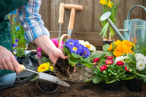 Close-up of a gardener planting a vibrant purple primula flower into dark, freshly turned soil in a garden bed, surrounded by colorful flowering plants including yellow, pink, and red blooms. The gardener's hands are visible, using a small hand trowel, and wearing a plaid shirt. In the background, gardening tools such as a watering can, small garden fork, and additional potted plants sit on a wooden garden fence, indicating a well-maintained outdoor space in a typical UK backyard, possibly in Shoreditch, London. The scene highlights the preparation for flower planting and outdoor gardening activities, emphasizing attention to planting detail and garden layout for outdoor aesthetic enhancement, consistent with professional gardening services provided by Landscapers Shoreditch.