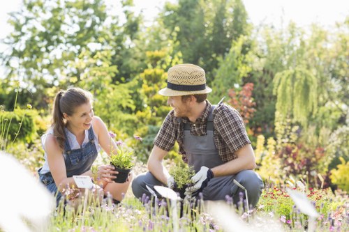 A man and a woman with light skin are gardening together in a lush, well-maintained outdoor space. The woman, wearing a sleeveless top and denim apron, is holding a small potted plant and smiling at the man. The man, dressed in a checkered shirt, apron, and a straw hat, is kneeling on the grass while holding a gardening trowel. They are surrounded by a variety of plants, including flowering bushes, small shrubs, and a neatly edged flower bed with blooming plants in shades of purple, pink, and white. The lawn area in the foreground appears lush and even, with well-kept grass and a slight slope leading to a paved patio or pathway in the background. Tall trees with green foliage and a mix of flowering and leafy bushes create a vibrant, natural backdrop under bright, clear weather conditions, suggesting a pleasant spring or summer day. This outdoor scene embodies a peaceful gardening activity, consistent with landscaping services offered by companies like Landscapers Shoreditch, based in London, adding a natural, well-balanced garden environment suitable for relaxation and outdoor enjoyment.